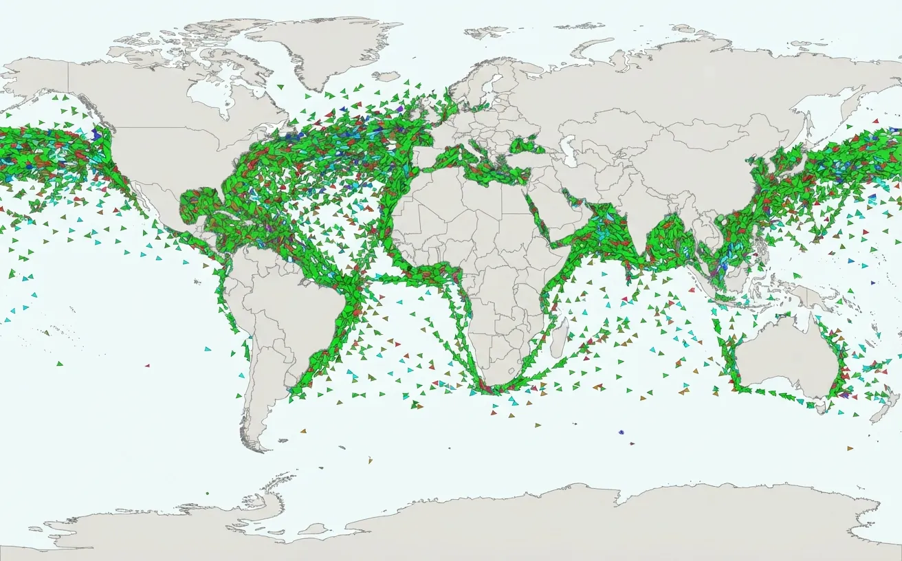 World map of vessel traffic. Ships blanket the North Atlantic, the Mediterranean, the Gulf, the Arabian Sea, the South China Sea and the approaches to Japan and Korea, with thick trans-Pacific corridors and near-empty water across the Southern Ocean.